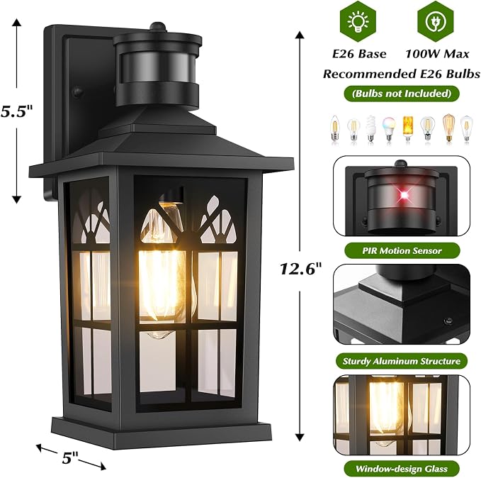 2-Pack Motion Sensor Outdoor Wall Lights, Modern Porch Lights | Auto ON/OFF, 3 Lighting Modes, Waterproof, Rust-Resistant, Aluminum Frame & Sturdy Glass, Easy to Install