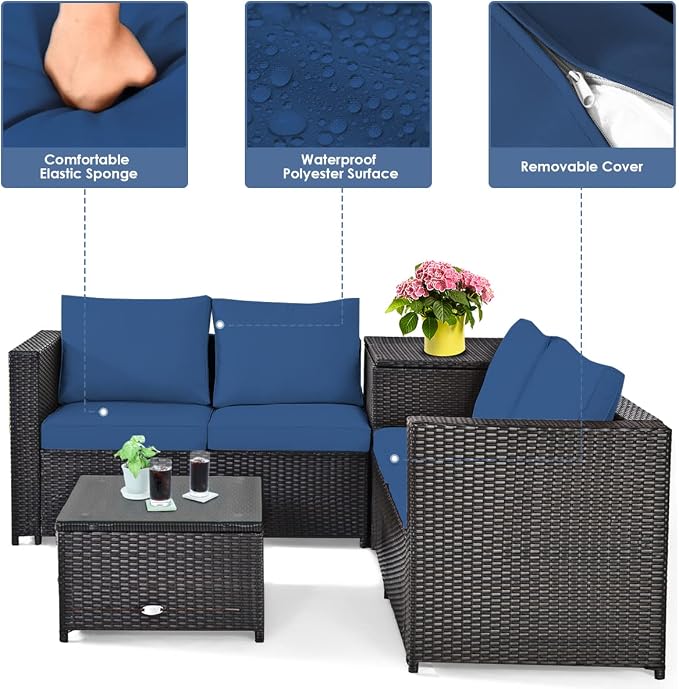 DORTALA 8 Pieces Outdoor Patio Furniture Set, Weather Resistant PE Rattan Conversation Set with 2 Loveseats, Outdoor Sectional Sofa Set with Comfy Cushions for Garden and Poolside, Navy