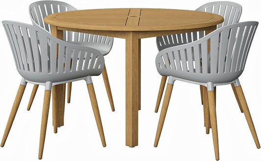 Urban Elements Nature 5-Piece Wood Patio Furniture Set | Teak Finish 100% FSC Eucalyptus | Backyard Furniture, Outside Table and Chairs, Round Outdoor Dining Set for 4, Patio Dining Set for 4 (Grey)