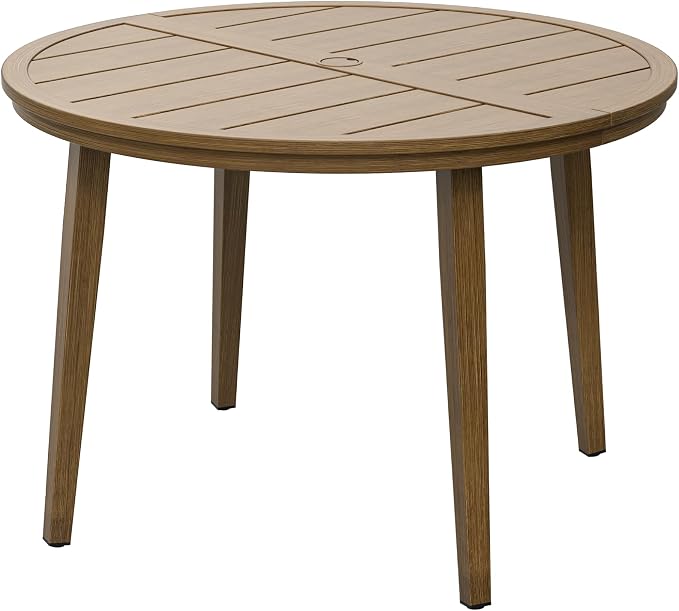 41" All-Aluminum Round Outdoor Dining Table, Modern Faux Wood Grain Patio Table with Umbrella Hole, Rust-Resistant Metal Dining Table for Garden, Backyard, Poolside & Lawn, Teak