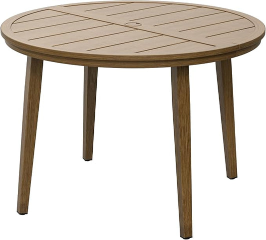 41" All-Aluminum Round Outdoor Dining Table, Modern Faux Wood Grain Patio Table with Umbrella Hole, Rust-Resistant Metal Dining Table for Garden, Backyard, Poolside & Lawn, Teak