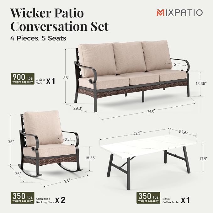 MIXPATIO Patio Furniture Set with Coffee Table, Outdoor Conversation Set with 2 x Rocking Chairs, 1 x 3-Seat Sofa for Lawn Garden Backyard, Beige