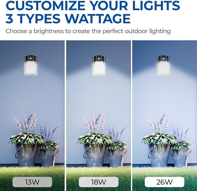 CINOTON 26W LED Wall Pack Light with Dusk to Dawn Sensor, 3CCT Black 2Pack | 100-277Vac, 26W/18W/13W Switchable, 3CCT Wall Lights, IP65 Waterproof, Outdoor Security Flood Lighting for Garage, Backyard