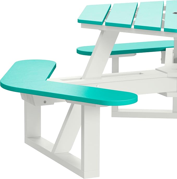 Shoreline Made in USA Hexagon Picnic Table, Seating for 6, White with Seaglass Blue