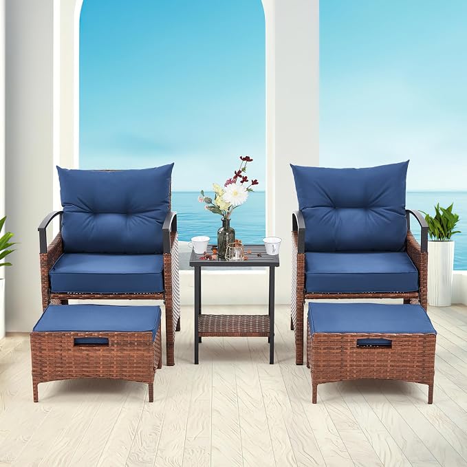 AVAWING 5 PCS Outdoor Rattan Furniture Set, Wicker Conversation Sets W/Metal Coffee Table and Soft Cushions, Patio Chairs with Ottomans for Garden, Porch, Balcony and Deck (Blue)