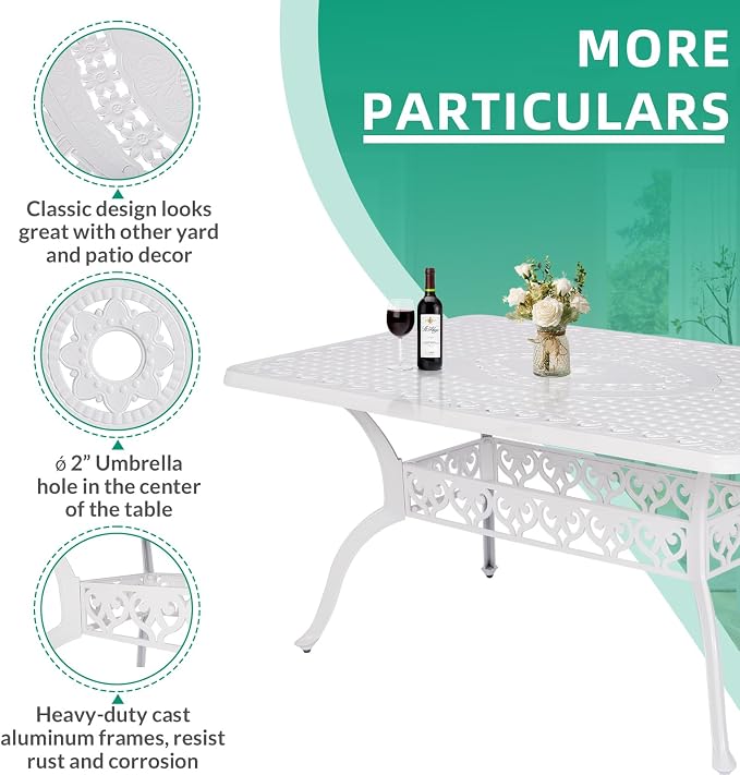 VIVIJASON 7-Piece Patio Furniture Dining Set, All-Weather Cast Aluminum Outdoor Conversation Set, Include 6 Cushioned Chairs and a Rectangle Table with Umbrella Hole for Lawn Garden Backyard, White