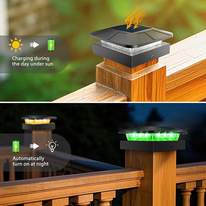 4x4 Solar Post Lights Outdoor, 4 Packs Green & Warm White LED Fence Caps Light Waterproof, Wood & Vinyl Post Top Lighting for Deck Mailbox Railing Porch Outside