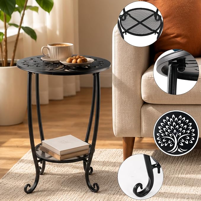 2-Tier Metal Round Side Table Black Accent Coffee Tables Small Space Corner Plant Stand Shelf for Indoor Outdoor Porch Patio Balcony Living Room End Table with Storage, Rust-Proof