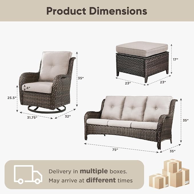 Belord 5 Piece Wicker Patio Furniture Set, Outdoor Swivel Rocker Chairs Set of 2 with Ottomans and 3 Seater Sofa, All Weather Patio Conversation Furniture Set, for Porch Pool, Brown Wicker/Beige