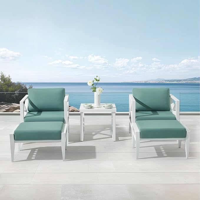 2-Seat Aluminum Patio Furniture Set with Ottomans & Coffee Table, Oversized Outdoor Conversation Set, Weather-Resistant for Backyard, Deck, Balcony – White