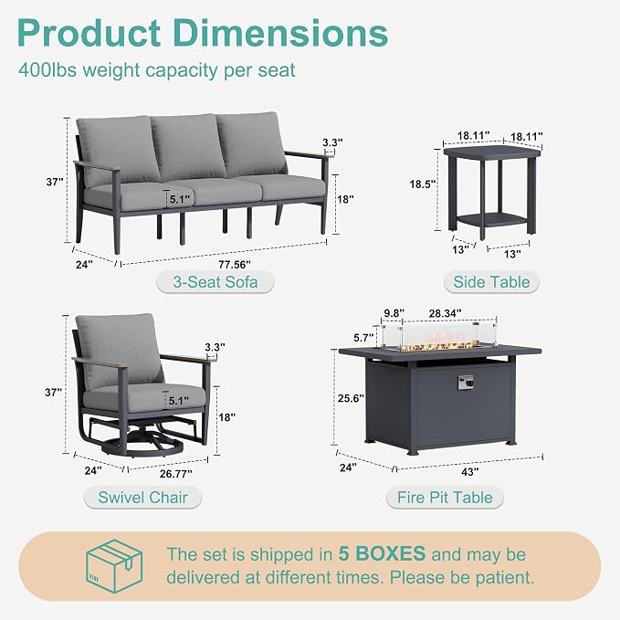Aluminum Outdoor Patio Furniture Set with Swivel Rocking Chairs 7-Seat, Patio Sectional Sofa Patio Conversation Set with 55,000 BTU Fire Pit Table & High Backrest, Grey