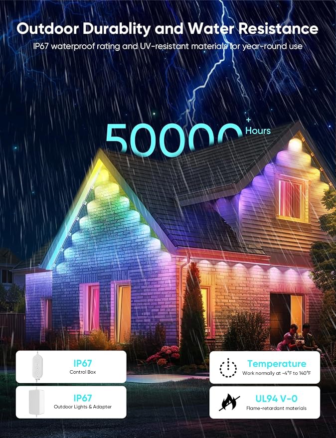 APPECK Permanent Outdoor Lights Pro, 200ft with 144 RGBCW Eaves Lights | Dual Lens, 144W, 80lm, Cuttable, IP67 Waterproof Lighting for Daily and Holiday Decor, Compatible with Alexa, White