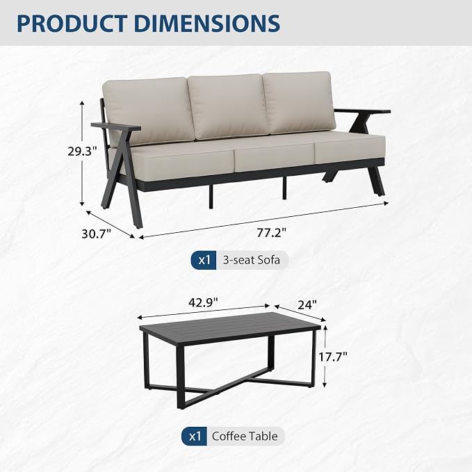 COOS BAY Iron Luxe 2 Piece Outdoor Patio Furniture Set, Modern Patio Conversation Set with a 3 Seat Couch & Coffee Table for Deck, Garden, Porch, Black/Beige