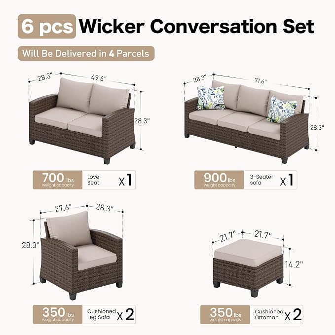 SUNSHINE VALLEY Patio Furniture Set Outdoor Furniture Brown Wicker Rattan Patio Conversation Sets with Cushion Outside Sofa Set,6 Pieces 9 Seats,Beige