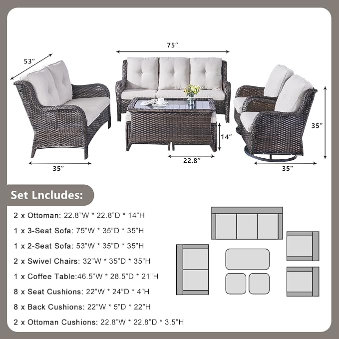 Rilyson Wicker Patio Furniture Set - 7 PC Rattan Outdoor Sectional Conversation Sets with 2 Rocking Swivel Chairs,2 Ottomans,1 Sofa,1 Loveseat and 1 Coffee Table for Porch Deck(Brown/Beige)