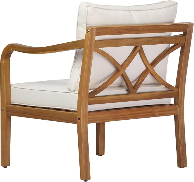 Merax Outdoor Acacia Wood Armchair with Elegant Cross Back Design, Deep Seating Patio Lounge Chair with Removable Soft Cushion for Porch, Garden, Backyard, Balcony, Teak & Beige