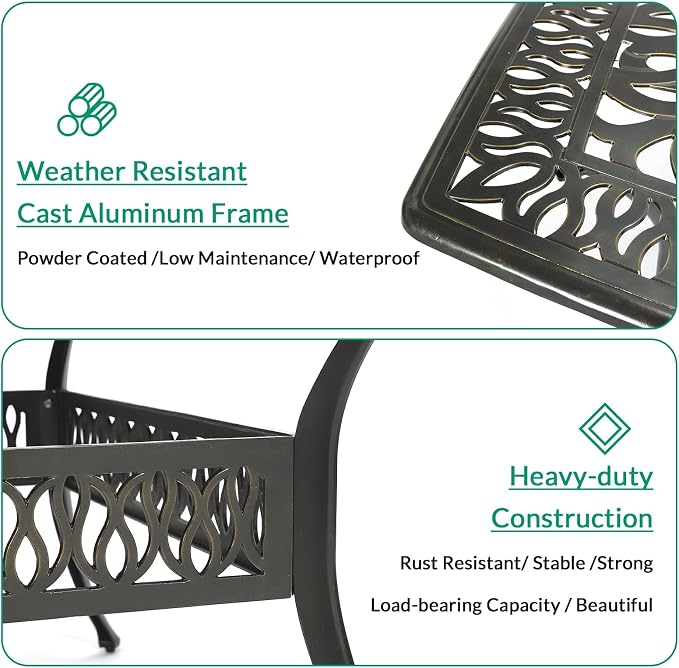VIVIJASON Outdoor 64" Patio Dining Table for 8 Person, Large Square Dining Table with 24" Lazy Susan, Dark Bronze Cast Aluminum Rustic Patio Table W/Umbrella Hole for Balcony, Porch and Deck