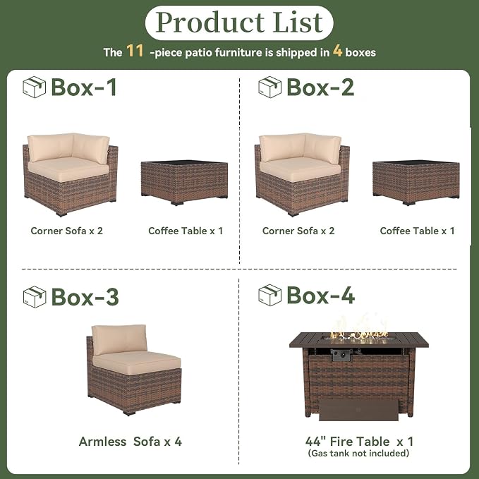 Aoxun 11 Piece Patio Furniture Set with 44” Fire Pit Table Wicker Rattan Outdoor Sectional Sofa Set with Coffee Table and Thickened Cushions, Beige