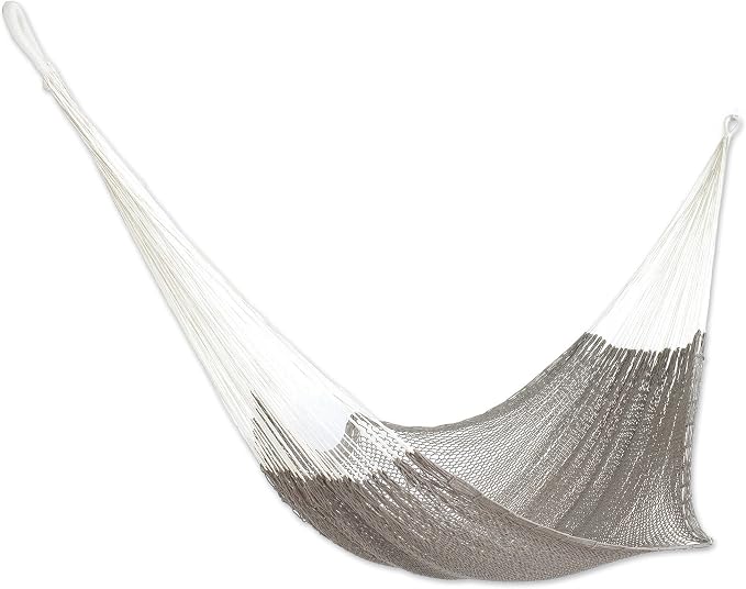 NOVICA Grey Hand Woven Cotton Mayan 1 Person Rope Hammock with Hanging Accessories, 'Ashen Beach' (Single)