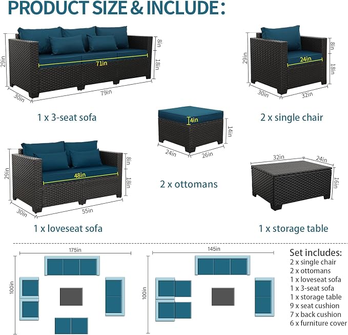 Rattaner Patio Furniture Set 7 Pieces Couch Outdoor Chairs Coffee Table Peacock Blue Anti-Slip Cushions and Waterproof Covers