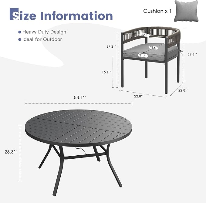 VICLLAX Patio Dining Set, 53.1" Black Table & 6 Chairs with Grey Cushion | Outdoor Table and Chairs Set of Round Metal Patio Table, Outdoor Dining Chairs with Metal Frame, Garden Deck Porch