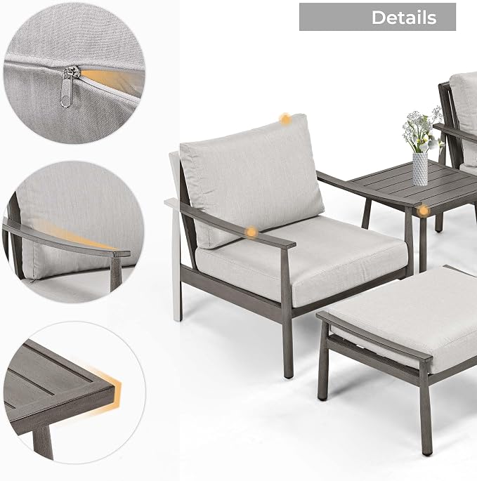 HAPPATIO Aluminum Outdoor Furniture Set - 5 Pieces Patio Furniture Set Includes 1 Side Table, 2 Armchairs and 2 Ottomans with Thick Cushion, Patio Conversation Set for Backyard Deck Poolside (Grey)