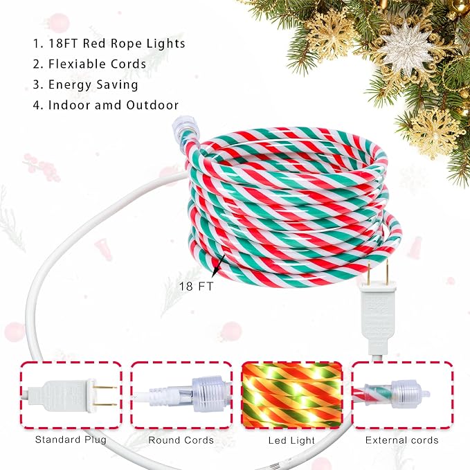 Vigdur Candy Cane Rope Lights Outdoor, 18FT 216 LEDs Christamas Rope Lights | Connectable And Flexible Clear Tube, IP65 Waterproof, Christmas Rope Lights for Patios Gardens Parties And Christmas Décor