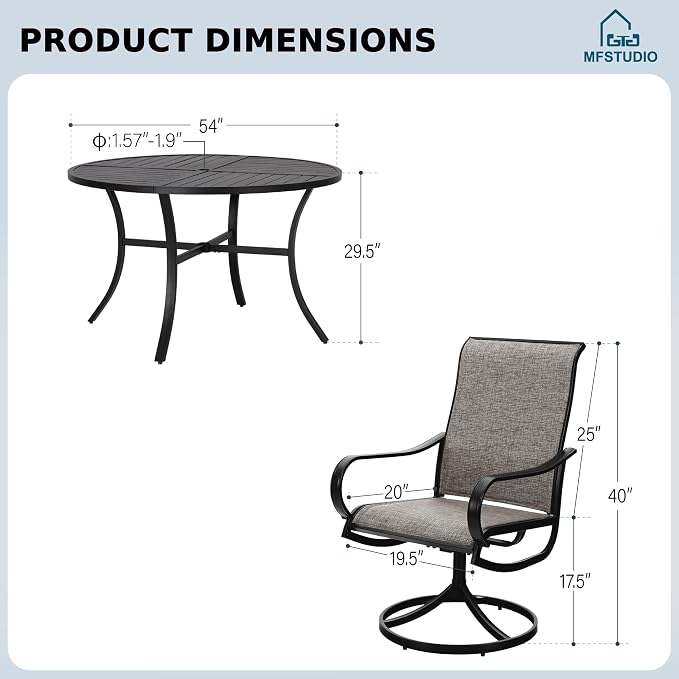 MFSTUDIO Patio Dining Set for 6, Round Patio Table and Chairs Set of 6 with Umbrella Hole, Outdoor Patio Furniture Set for Deck, Backyard, Poolside & Garden