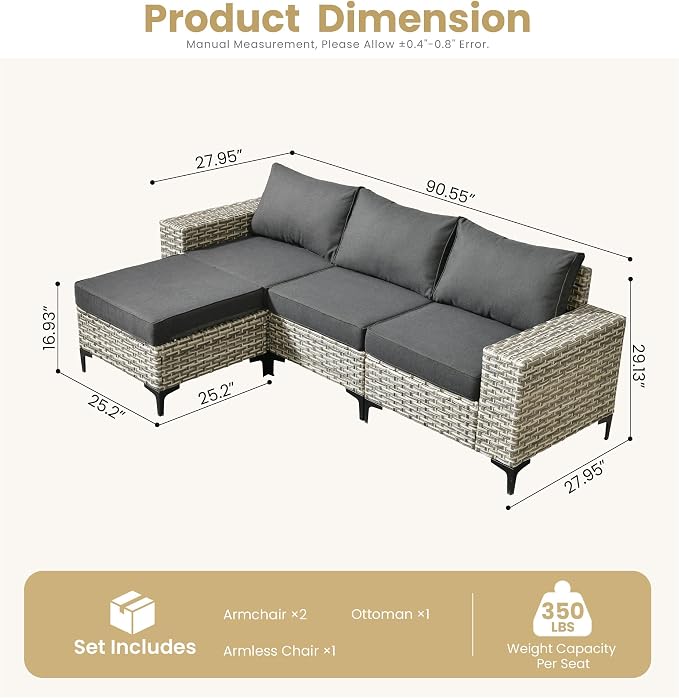 HOOOWOOO Outdoor Sectional Furniture Set,4 Pieces Wicker Patio Conversation Sets,L Shape All Weather Outside Couch Sofa with Ottoman,Black