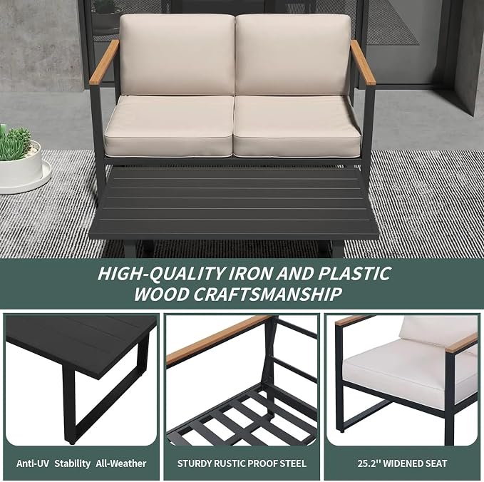 4-Piece Outdoor Patio Set Metal Conversation Deep Seat High Back Sofa with Washable Cushions 2 Chairs Coffee Table for Garden Balcony