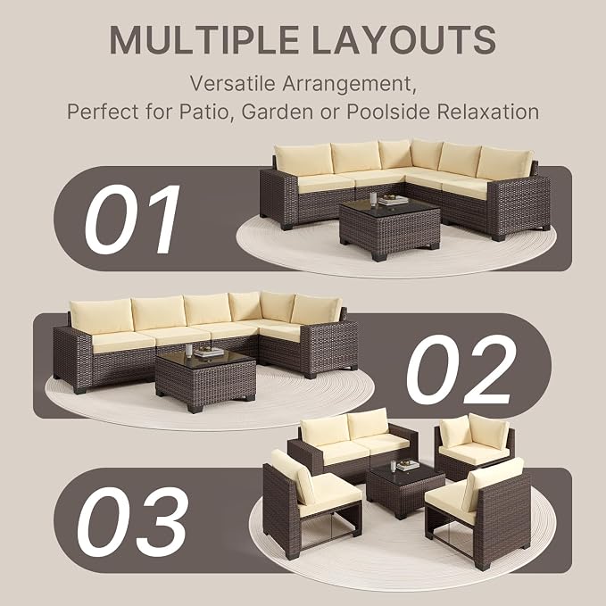 Gizoon 6-Piece Outdoor Patio Furniture Set, PE Wicker Rattan Sectional Sofa Conversation Set with Thickened Cushions, Coffee Table, All-Weather Patio Furniture for Garden, Backyard, Poolside, Beige