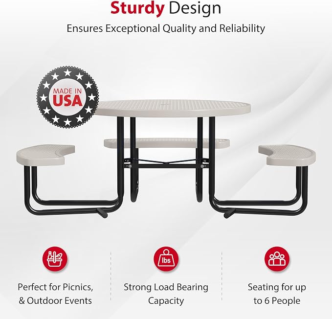 Leisure Craft Metal Picnic Table with Bench - 46" Round Outdoor Dining Table with Umbrella Hole, Heavy Duty Thermoplastic Coating, ADA Compliant, Commercial Grade Furniture Made in USA - Beige