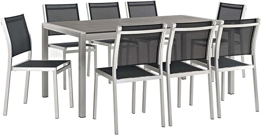 Modway Shore 9Piece Outdoor Patio Aluminum Dining Set in Silver Black
