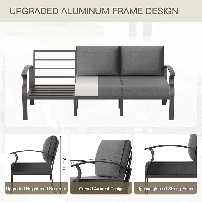 Aluminum Patio Furniture Set with Coffee Table,8 Seats Metal Modern Outdoor Furniture w/5.1" Thick Cushions,Patio Sectional w/Swivel Chairs for Patio,Backyard,Grey
