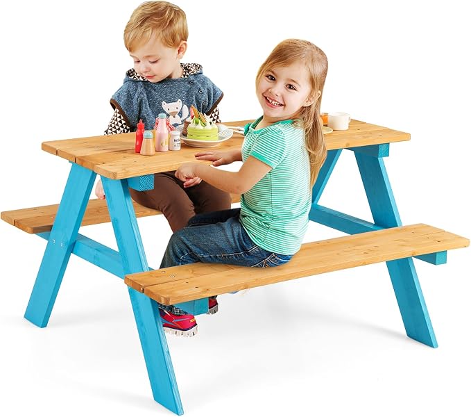Costzon Kids Picnic Table, Fir Wood Children’s Activity Table with Benches, Toddler Patio Furniture Set, Kids Table and Chair Set for Outdoors, Backyard, Garden, Lawn, Gift for Boys Girls 3+