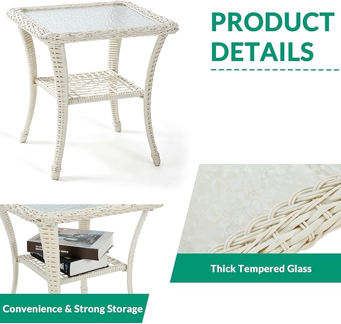 VIVIJASON Outdoor Wicker Side Table, All-Weather Rattan Patio Side Table Bistro Table with 2-Tier Storage, Tempered Glass Top Square End Table for Indoor, Balcony, Garden, Porch, Deck, Cream White