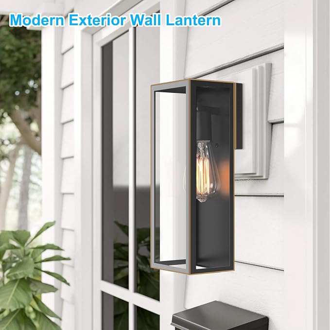 VerRon Outdoor Wall Light Fixtures, Modern Exterior Wall Lanterns, 2-Pack | Black with Gold Trim, Anti-Rust E26 Modern Lighting Fixtures Waterproof with Clear Glass Shades for Patio Garage Front Door