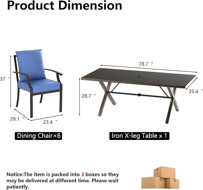 Kullavik 7 Pieces Outdoor Dining Set,Patio Dining Table and Chairs Set for 6,Fence Pattern Back Chairs with Thickened Cushions & Rectangular Metal Dining Table with Umbrella Hole for Patio,Navy Blue