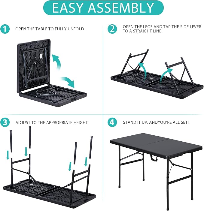 Folding Event Table, Heavy Duty Picnic Table Indoor Outdoor Camping, 4FT Portable w Handle Lock for Banquet, Black