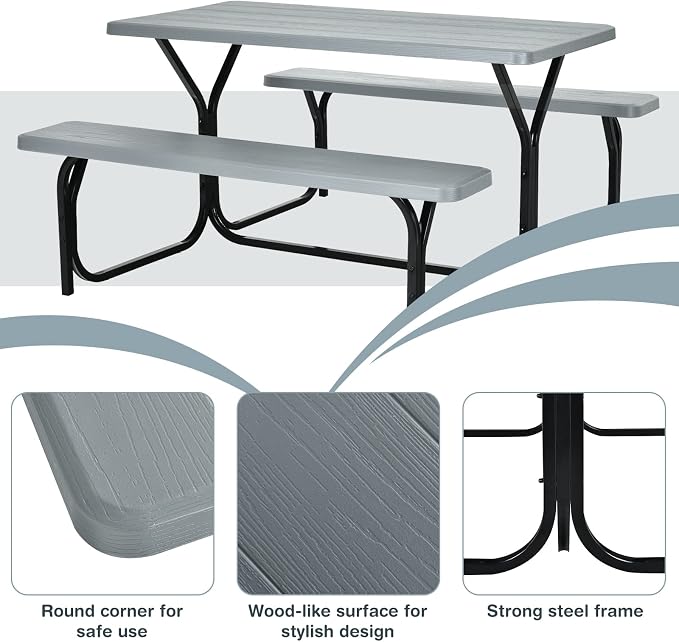 S AFSTAR Picnic Table Bench Set, 59” Expanded Rectangular Picnic Table, Outdoor Table and Bench with Steel Frame & Wood-Like Texture Tabletop, Camping Table Chair Set for Garden Lawn Deck (Gray)