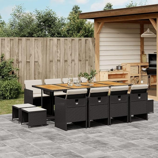 13 Piece Patio Dining Set with Cushions Black Poly Rattan Outdoor Furniture Table and 8 Chairs with Foldable Backrest for Garden Backyard Deck Entertaining Folding Design Removable Cover Acacia Wood