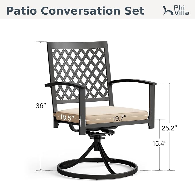 PHI VILLA Patio Dining Set for 6, Swivel Chairs& Metal Table | 60" Rectangle Metal Steel Table&Swivel Wrought Iron Chairs with Cushions,Large Furniture Set for Patio, Deck, Porch, Yard
