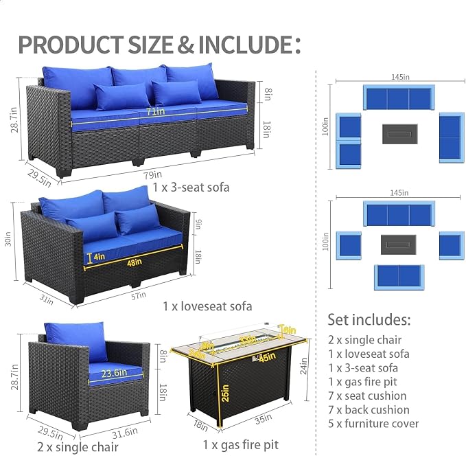 5-Piece Outdoor Patio Furniture Set with 45-Inch Steel 60000 BTU Propane Fire Pit Table, Patio Couch, Chairs, Non-Slip Cushions, Waterproof Covers for Backyard, Garden, and Outdoor Lounge Areas(Gray)