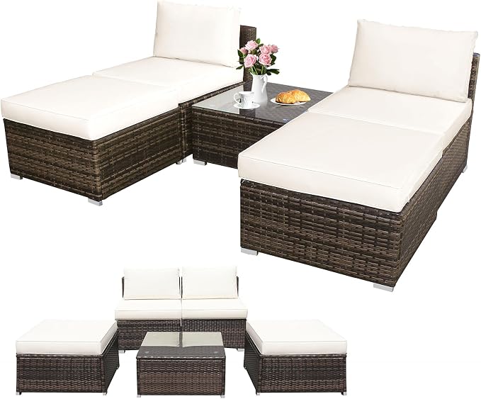 DORTALA Wicker Patio Furniture Set 5 Piece, Outdoor Conversation Sets with Chairs, Ottomans, Tempered Glass Table, Cushions, All Weather Rattan Sofa Couch for Balcony, Porch, Backyard, Deck, White