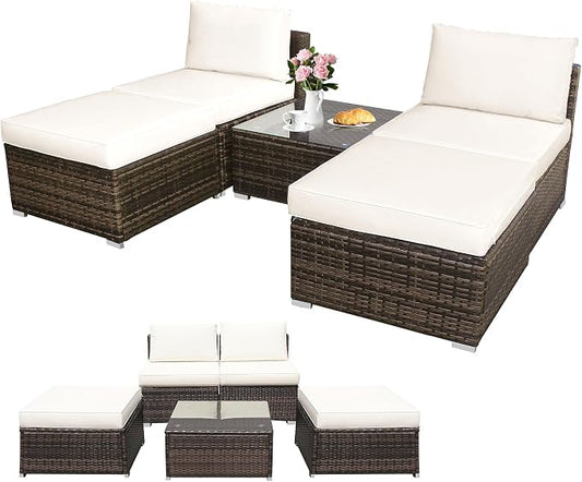 DORTALA Wicker Patio Furniture Set 5 Piece, Outdoor Conversation Sets with Chairs, Ottomans, Tempered Glass Table, Cushions, All Weather Rattan Sofa Couch for Balcony, Porch, Backyard, Deck, White
