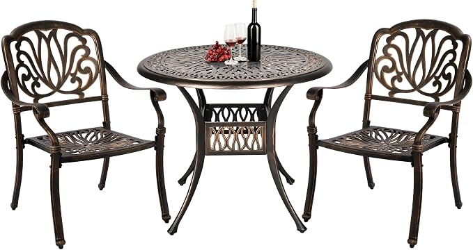 Grepatio 3 Piece Bistro Set Outdoor Cast Aluminum Patio Dining Set Table and Chairs Outside Bistro Furniture 2 Chairs and 1 Umbrella Table for Lawn Garden (Round Table and Chairs)