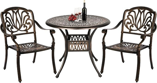 Grepatio 3 Piece Bistro Set Outdoor Cast Aluminum Patio Dining Set Table and Chairs Outside Bistro Furniture 2 Chairs and 1 Umbrella Table for Lawn Garden (Round Table and Chairs)