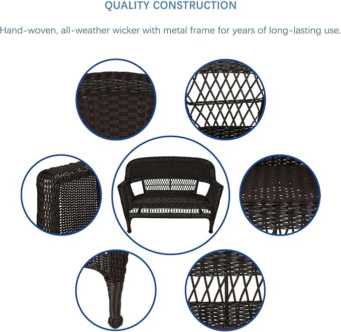 Jeco Wicker Patio Love Seat and Coffee Table Set without Cushion, Espresso