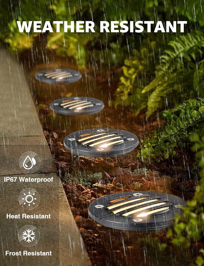SUNVIE 6-Pack 12W 3000K LED Low Voltage Landscape Well Lights, Grated Top | 12-24V AC/DC, Waterproof, Anti-Glare, Die-Cast Aluminum In-Ground Lights for Pathway Garden Yard, Connectors Included