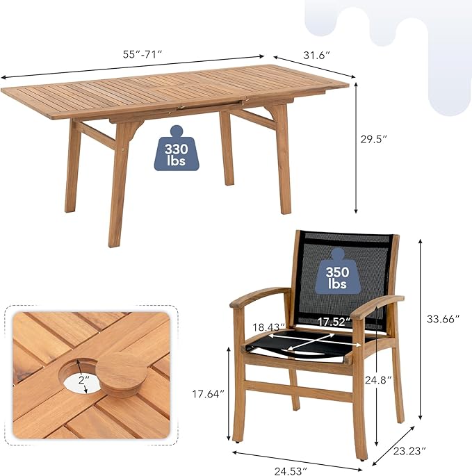 OC Orange-Casual Patio Furniture Set, Acacia Wood Patio Dining Set for 6-8, Outdoor Expandable Table and Chairs Set with Umbrella Hole and Breathable Textilene Fabric for Garden (Black, 7 Pieces)
